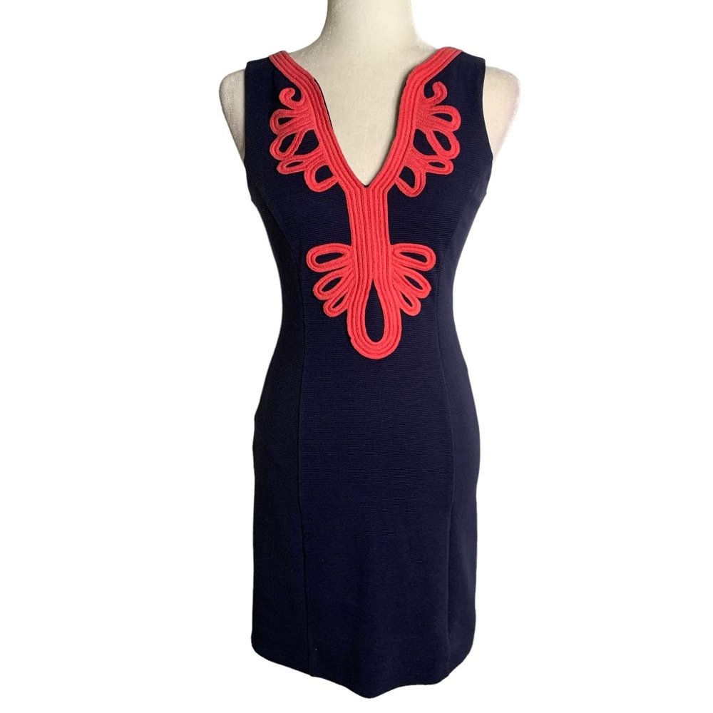 Lilly Pulitzer Janice Sheath Dress XS Navy Blue Coral Sleeveless Lined Zipper